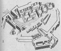 На этом рисунке совмещены план цитадели в Мерсине (1) начала IV тысячелетия до н.э. и главные ворота Трои-II (2)...