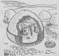 Реконструкции одного из купольных домов Кирокитии около 5500 г. до н.э. Круг из камней направо от дома это большой обеденный стол. Около одного из таких столов археологи нашли каменный сосуд, показанным н
