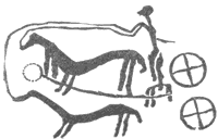 Петроглиф — рисунок, высеченный на одном из камней, образующих основание гробницы вождя — из Кивика (юг Швеции). Датируемое примерно 1200 г. до н.э., первое свидетельство тому, что на севере уже знакомы с боевой колесницей.