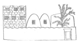 На фреске из Саккара усадьба зажиточного горожанина: легко различить зернохранилища, деревянные брусья в окнах двухэтажного дома, но назначение хозяйственной постройки справа, напротив калитки, не ясно.