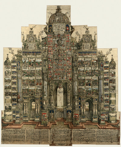 Альбрехт Дюрер и соавторы. Триумфальная арка императора Максимилиана. Гравюра на дереве, составленная из 192 отдельных оттисков. 1512 — 1515.