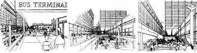 Современный рисунок архитектора — так формируется образ города в проекте: одно место городского центра, видимое с нескольких уровней, — жители увидят город таким через несколько лет.